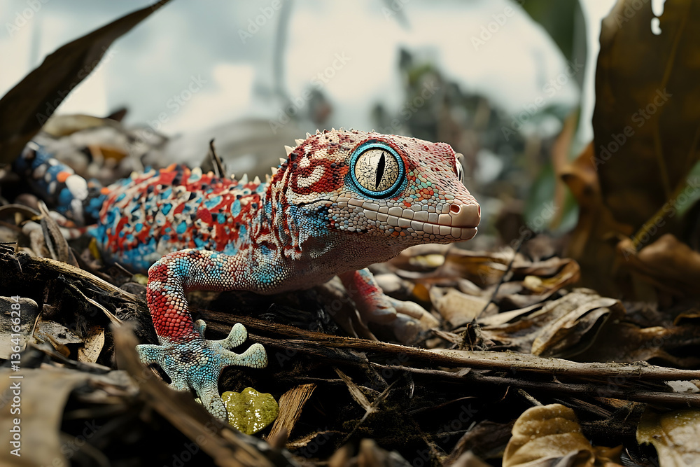 Poster captivating portrait of a colorful gecko in its natural habitat, showcasing vibrant scales and uniqu