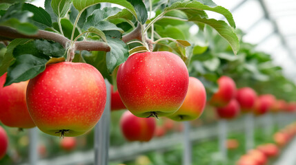 Obraz premium Fresh, ripe apples hanging from branches in greenhouse, showcasing vibrant red and yellow hues. lush green leaves enhance natural beauty, creating serene and fruitful atmosphere