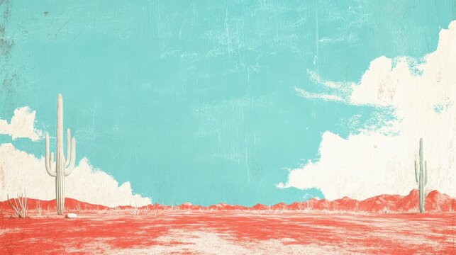 Vintage Desert Landscape with Cactus, and Southwest USA.