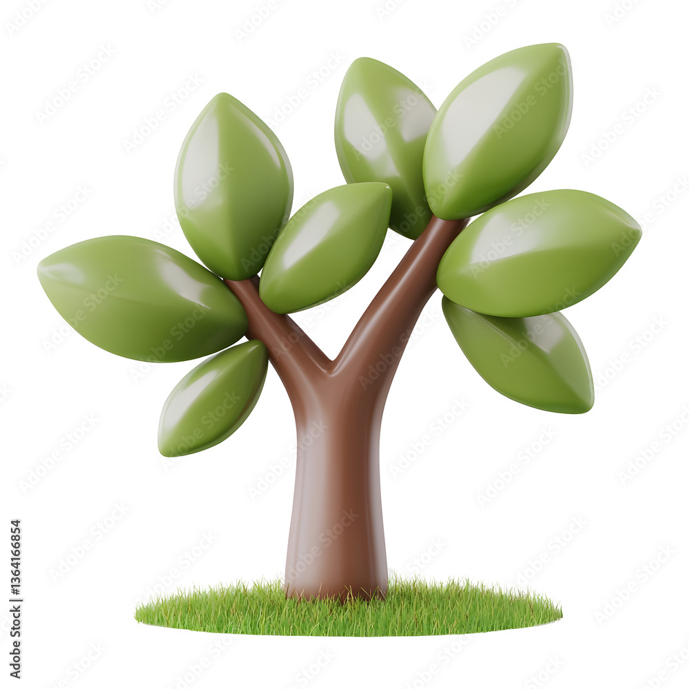 Poster a 3d rendered image of a simple stylized tree with green leaves and a brown trunk set against a clea