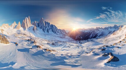 Obraz premium A breathtaking snowy mountain landscape at sunrise, showcasing natural beauty and tranquility.