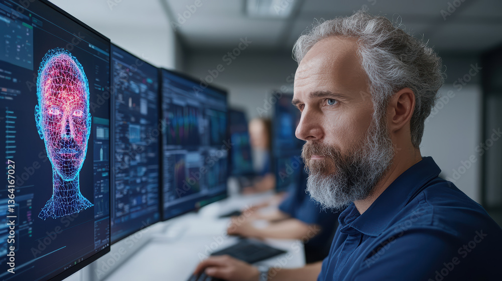 Poster focused professional analyzes ai data multiple screens, showcasing advanced technology and