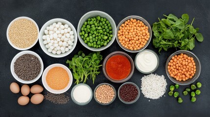 Neatly Arranged Ingredients for a Diabetic Meal Plan on a Dark Background