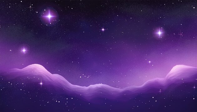 A dreamy cosmic landscape featuring purple mountains and a starry sky filled with shimmering stars.