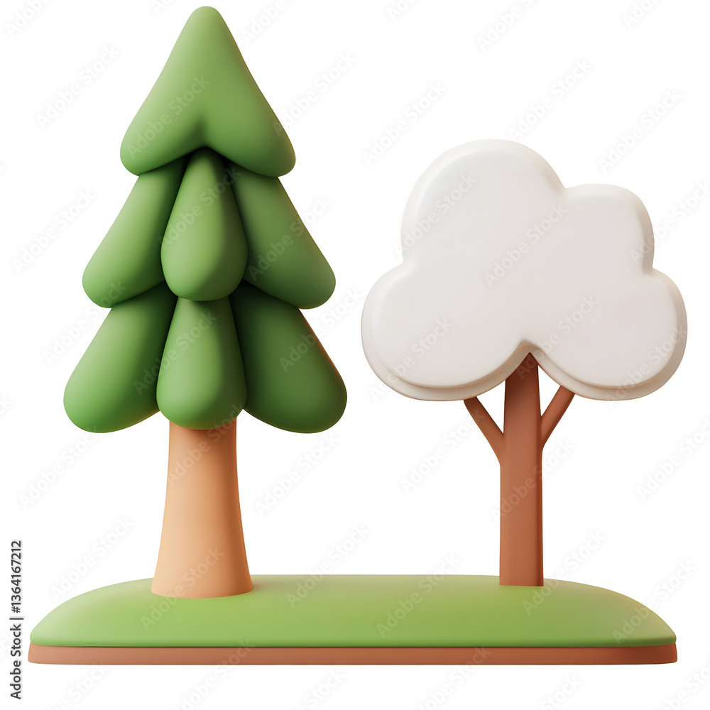 Poster Clean minimalist 3D tree icon featuring two different tree shapes with green canopies and subtle shadows designed for a simple and modern UI or visual interface