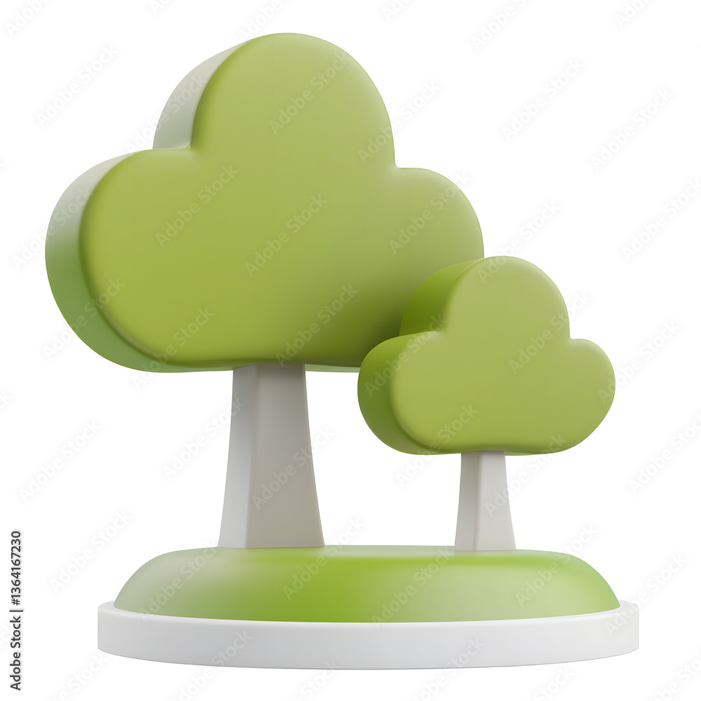 Poster A clean minimal 3D tree icon featuring two different abstract tree shapes with green leaf like canopies and subtle shadows designed for use in user interface and digital applications
