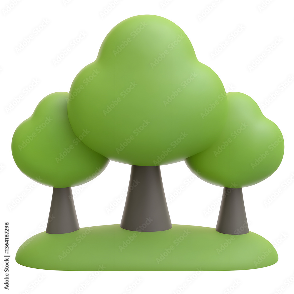 Poster Minimalist and abstract 3D tree icon with a smooth rounded canopy and clean cylindrical trunks designed for use in digital user interfaces and visual branding