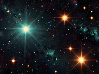 Obraz premium Stars of varying colors and brightness shine against a dark space backdrop, with nebulous clouds creating a mystical ambiance. Each star seems to twinkle, adding a sense of vastness to the scene