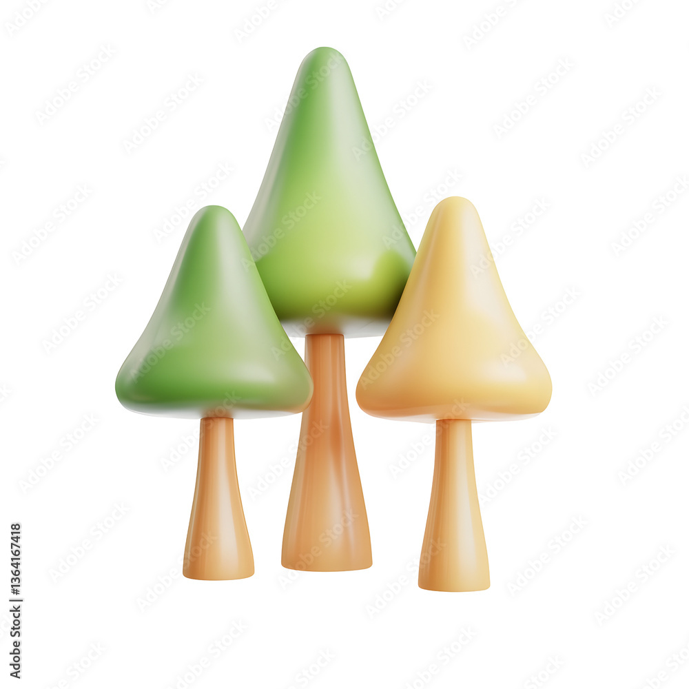 Poster Stylized 3D tree icons with a clean minimalist design featuring smooth canopies and cylindrical trunks against a transparent background