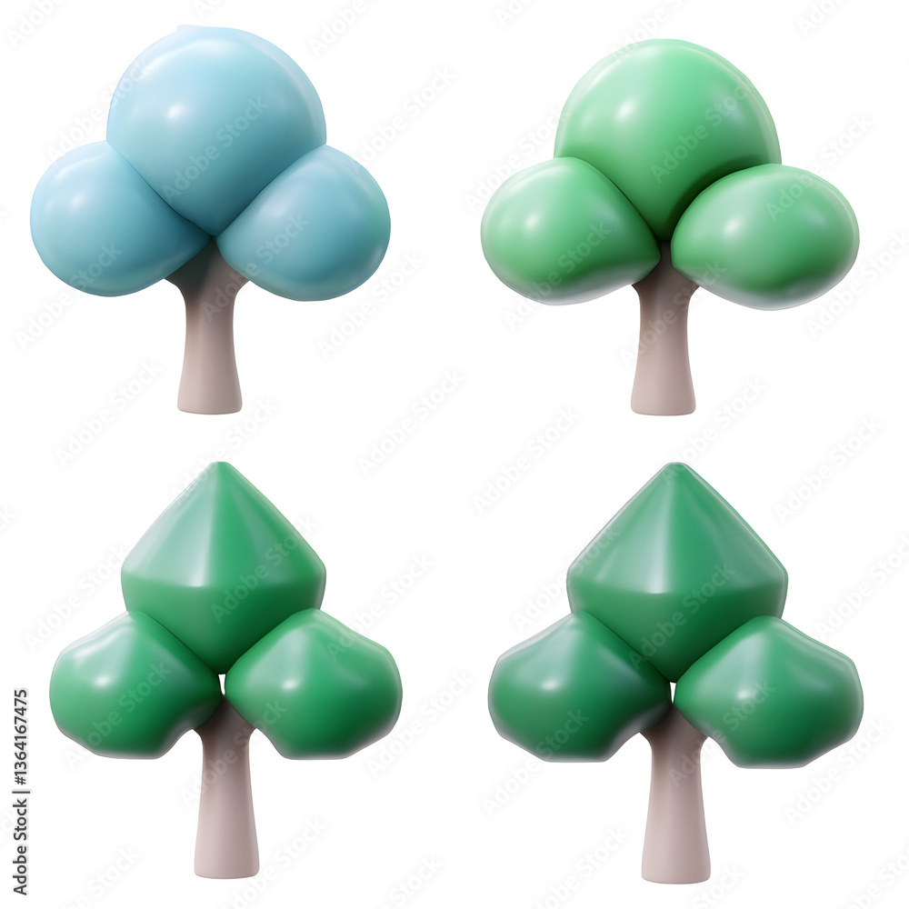 Aufkleber Stylized minimalist 3D forest trees with bright green foliage and simplified trunk details designed for use in web and digital user interface UI applications