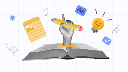 halftone collage, Creative writing and learning with a hand holding a pencil from an open book. ideas, text, and notes. education, content creation, and inspiration