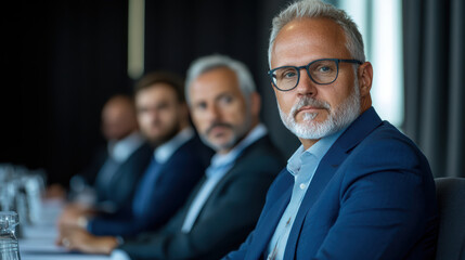 Professional men suits business meeting, discussing important topics with focus and