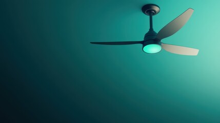 A futuristic LED-lit ceiling fan, spinning against a gradient blue background.