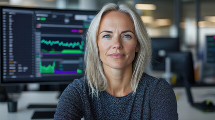 Professional woman in office setting, focused on financial data analysis and trends