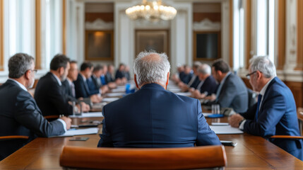 Obraz premium formal government meeting room with policymakers engaged discussion, showcasing collaboration