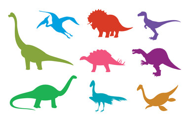 Set of cute dinosaurs, Vector Illustration. Collection of cute prehistoric cartoon dinosaurs. silhouette Isolated on white background.