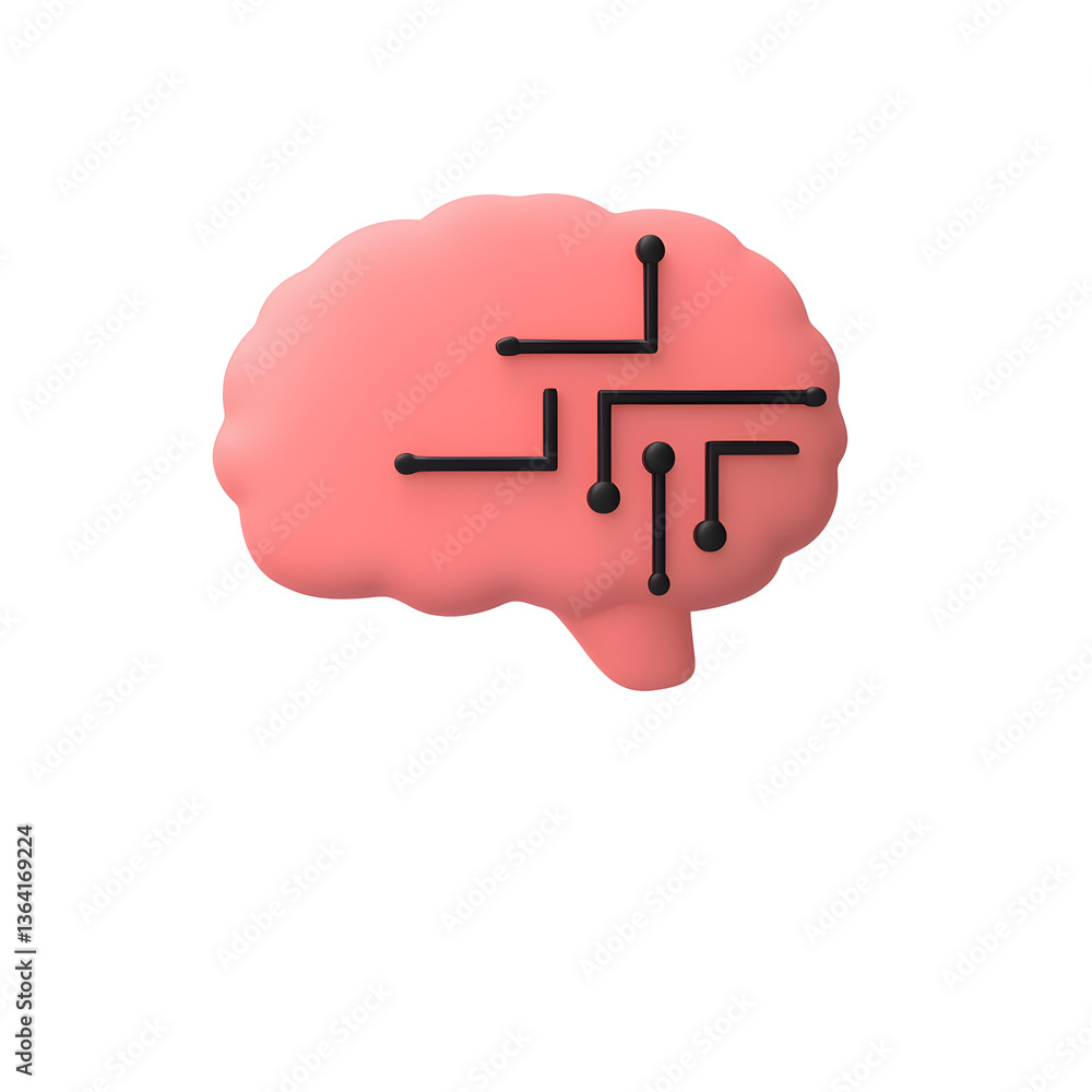 Poster Simplified pink brain icon with symmetrical circuit like lines representing the concept of intelligence digital technology and advanced information processing