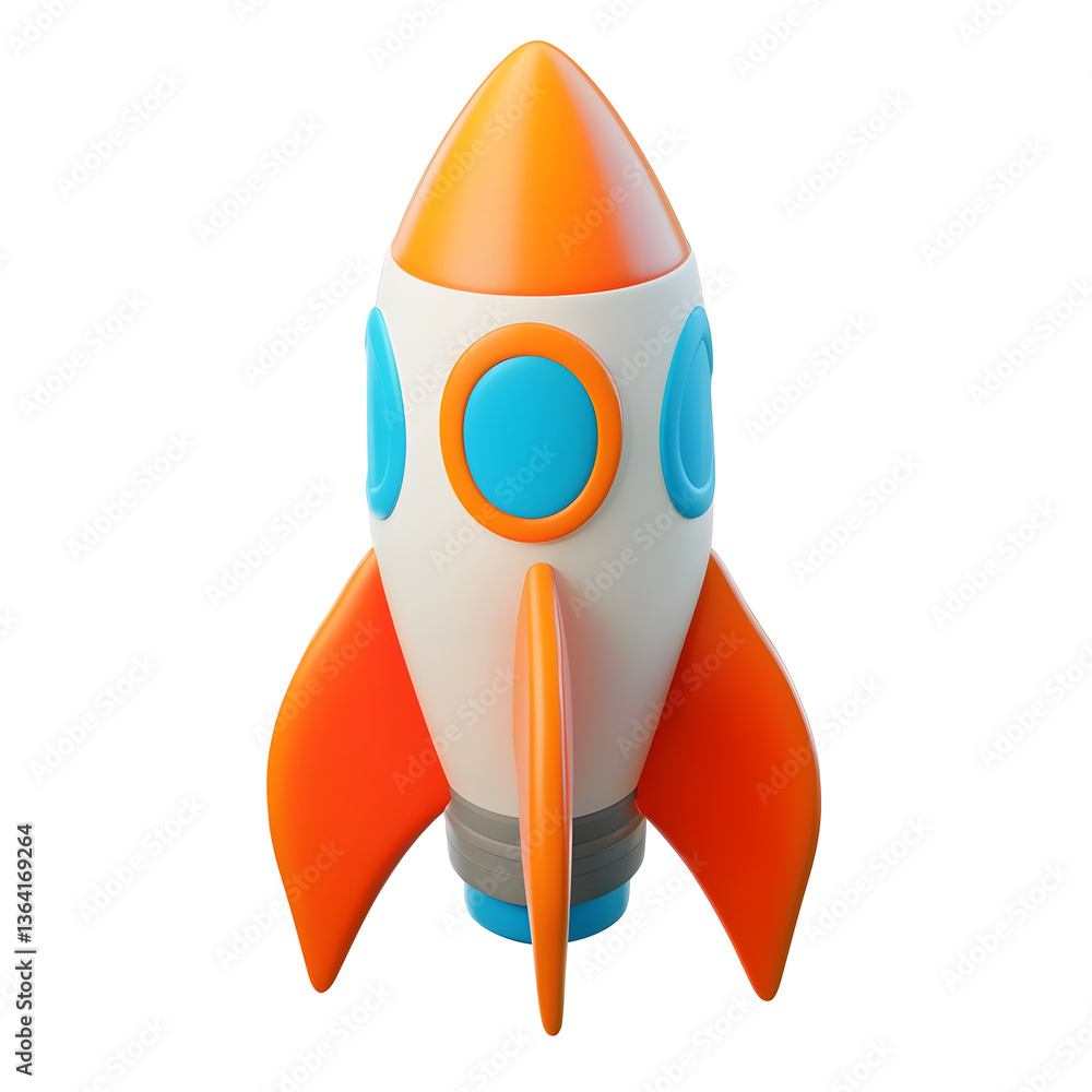 Poster A 3D render of a vibrant futuristic looking toy rocket with sleek curved fins in shades of red white and blue