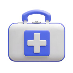 Obraz premium A minimalist 3D icon depicting a first aid kit or nurse s bag in a clean geometric design with a prominent white cross symbol against a blue background