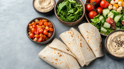 Fresh wraps with hummus and vibrant salads create healthy and colorful meal spread