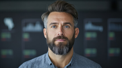 Obraz premium Professional man with beard and blue eyes, looking confidently at camera in office setting