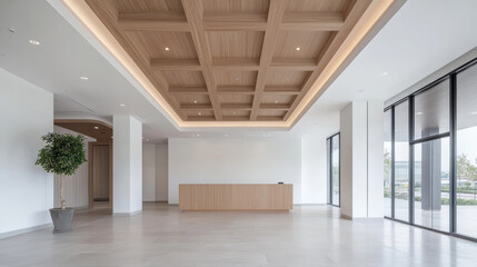 Fototapeta premium Modern architectural design features spacious lobby with wooden ceiling and elegant lighting