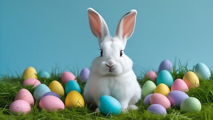 Adorable White Easter Bunny Sitting on Green Grass with Colorful Eggs Against a Blue Background