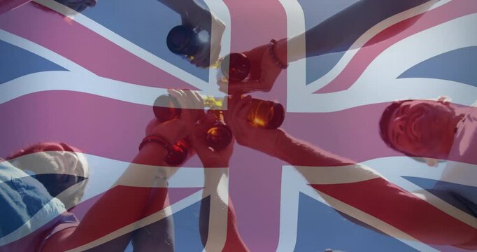 Celebrating with beer bottles, people clinking over Union Jack flag animation