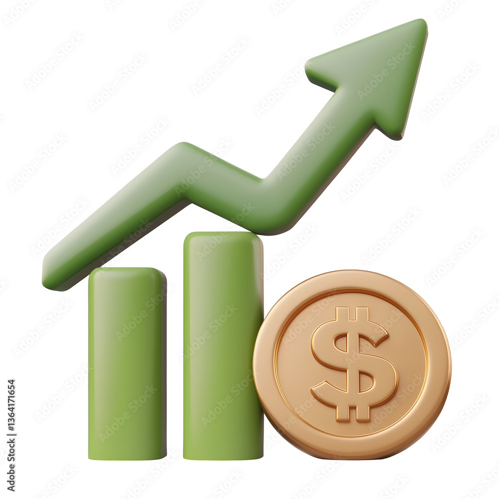 Poster of a rising 3d financial growth chart with an ascending green arrow and a golden dollar coin symboli