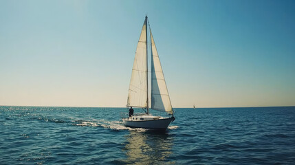 Fototapeta premium Sailboat gliding on calm sea under clear sky
