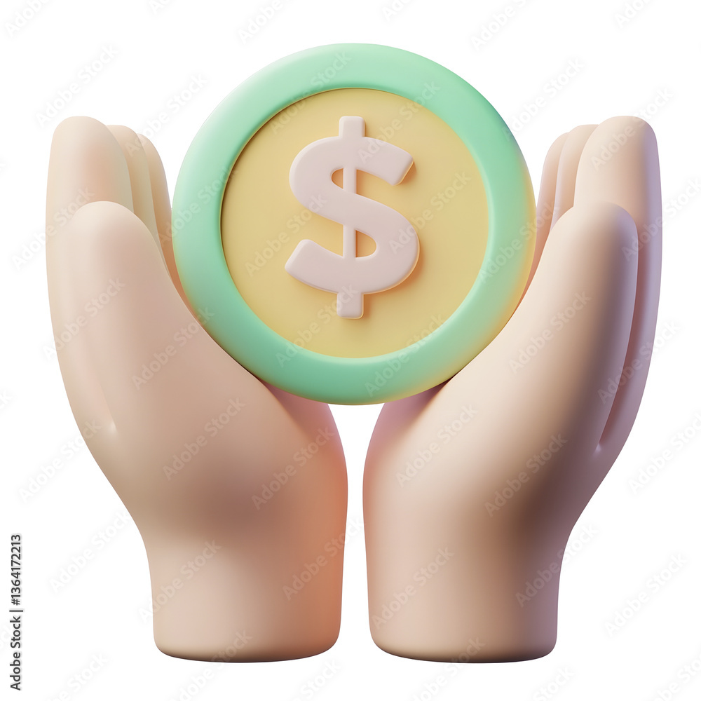 Poster hands in a supportive pose framing a central dollar coin symbol representing financial security and 