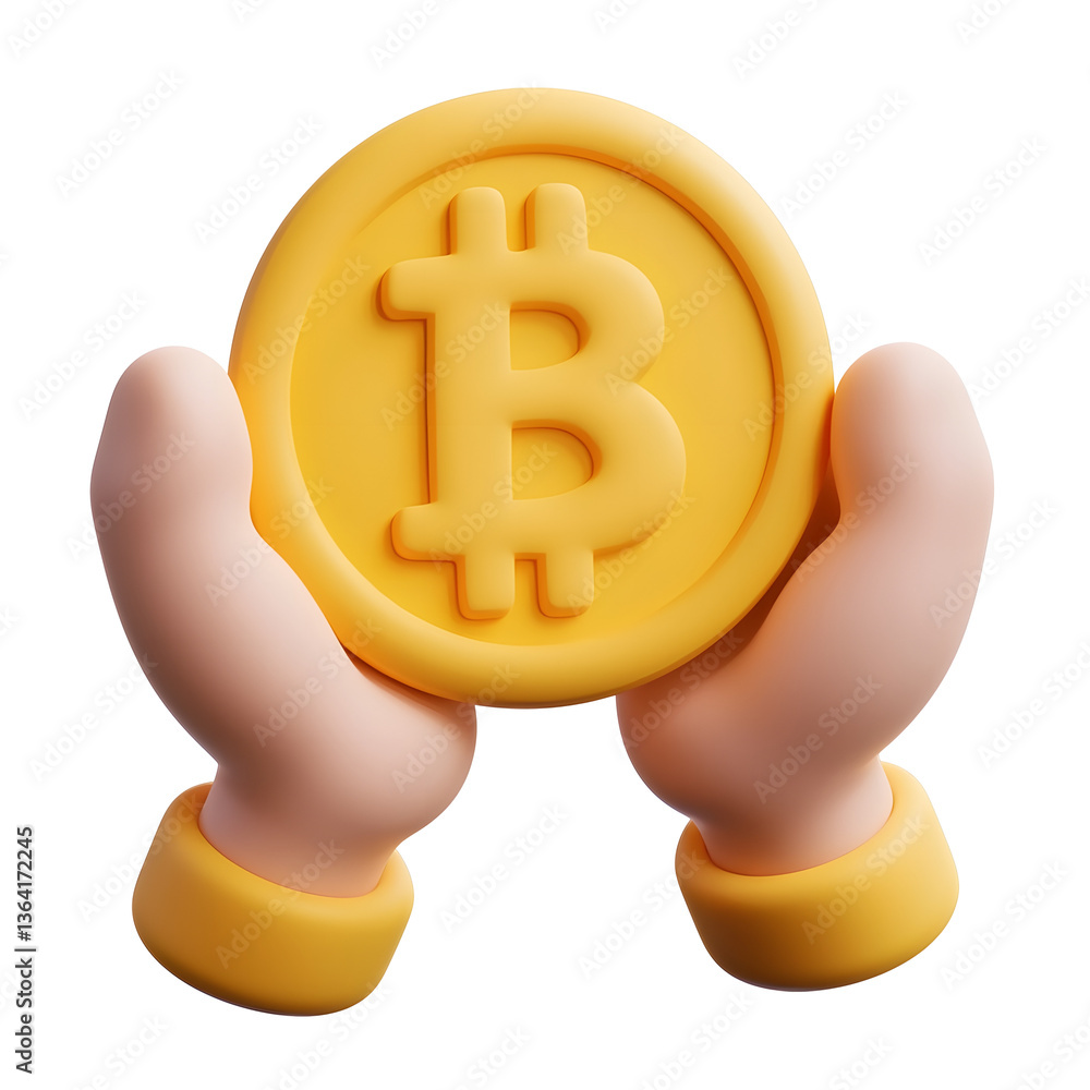 Poster hands holding a bitcoin cryptocurrency coin symbolizing investment protection and secure digital fin