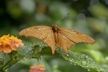 Captivating Julia Butterfly Perched on Leaf with Water Droplets in Vivid Detail