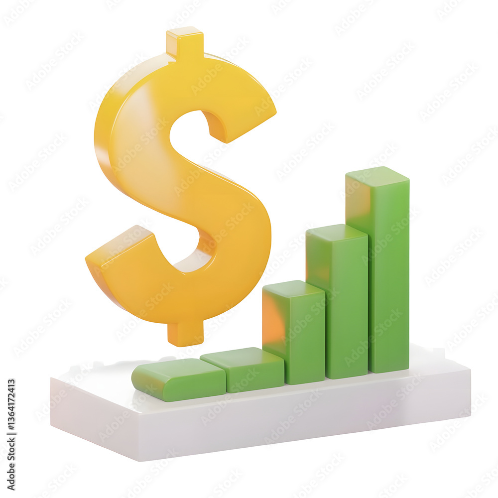 Poster A 3D rendering of a financial performance chart displaying fluctuating investment trends shown through a green bar graph alongside a large minimalistic dollar sign icon on a transparent white