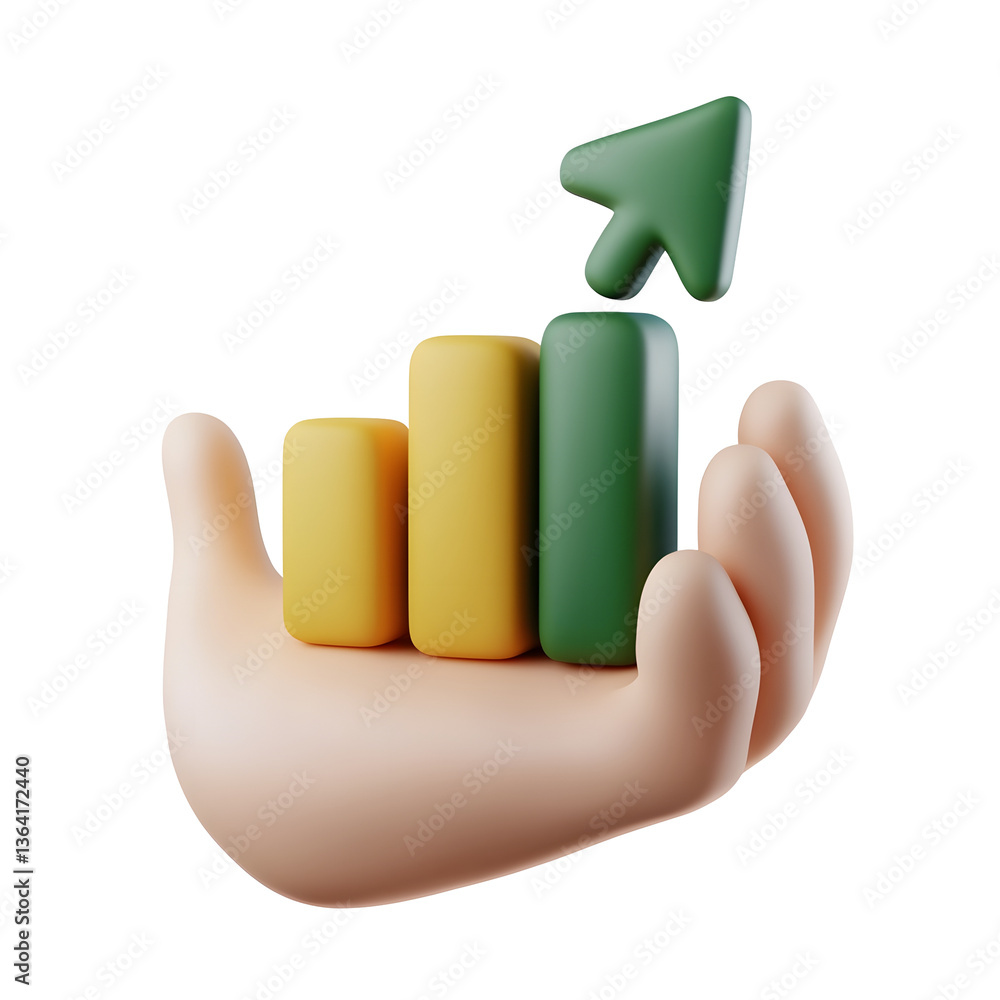 Aufkleber A 3D rendered image depicting a hand holding a bar graph with an upward trending arrow symbolizing financial growth and positive business performance