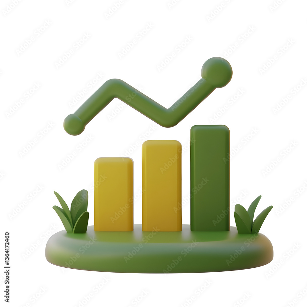 Poster Minimalistic 3D render of a green and yellow bar graph depicting an upward business growth trend with a symbolic abstract design against a transparent white background