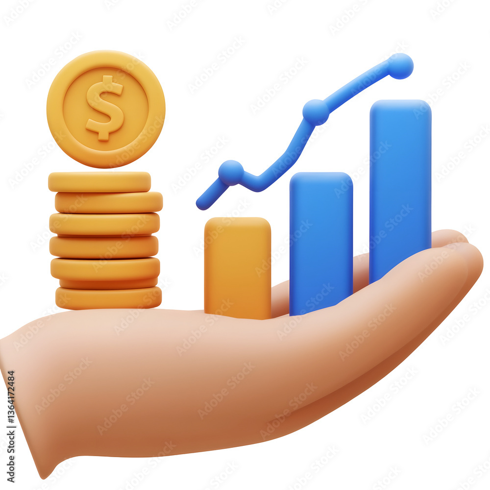 Aufkleber A 3D rendering of a rising bar chart and stacked coins placed on an open hand symbolizing financial growth investment and data analytics