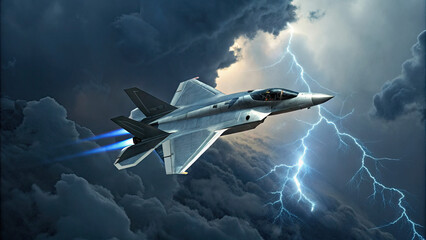Futuristic silver titanium fighter jet with blue energy trails soaring through storm clouds, lightning striking in the background, advanced AI-controlled navigation.