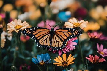 Fototapeta premium Monarch butterfly with open wings resting on a vibrant pink flower amidst a field of colorful blossoms creating a serene garden scene