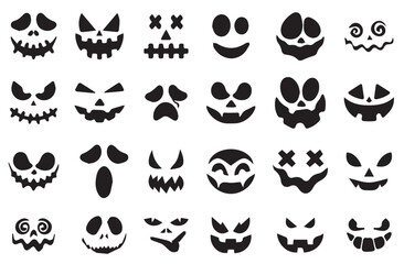 Vector Ghost Face, icon. Simple scary Halloween horror pumpkin face icon, silhouette set. Devil, Ghostface. 