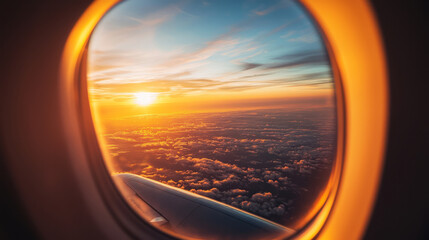 A view of the sunset from inside an airplane window, generative AI