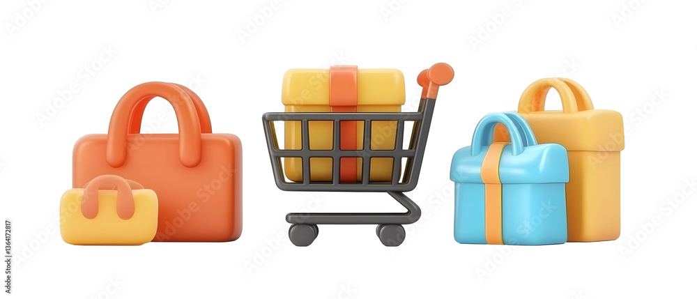 Poster A set of vibrant 3D icons representing various aspects of e commerce including a shopping cart package delivery and online transaction elements