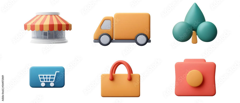 Poster Set of 6 vibrant 3D rendered icons representing key elements of an ecommerce platform including a delivery truck shopping cart and credit card payment