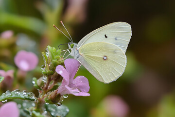 Naklejka premium Delicate white butterfly resting on a vibrant pink flower in a natural garden