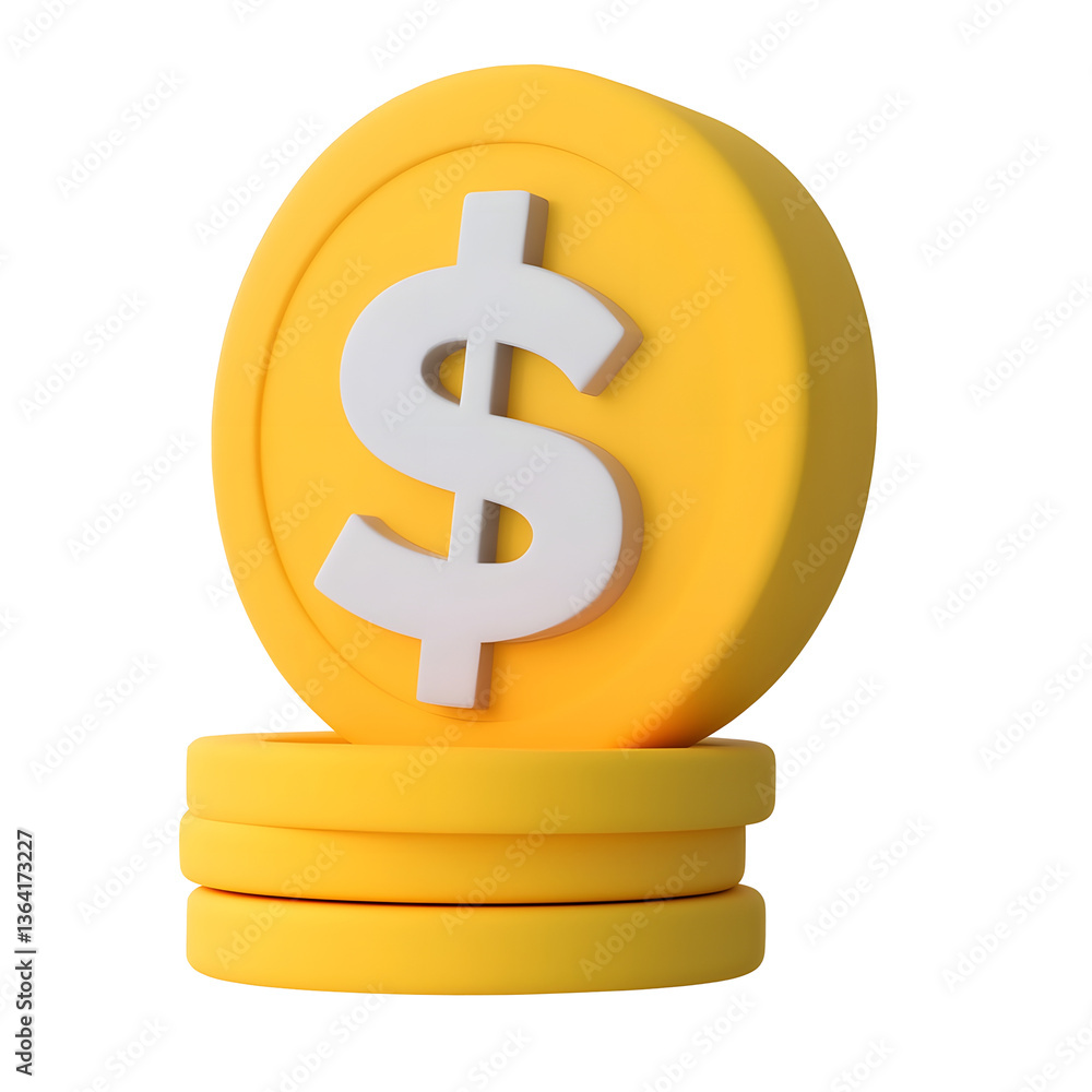 Poster A sleek and structured 3D financial icon featuring a bold dollar symbol sitting atop a stack of golden coins designed for a clean and modern website or software interface