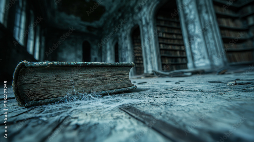 Poster forgotten book in an abandoned library with dusty floors and cobwebs surrounding it