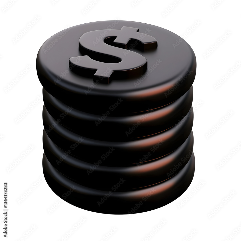 Poster 3d of a clean minimalist icon depicting neatly stacked coins with a prominent dollar sign symbol sym