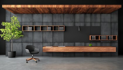 Modern office with dark wood, and grey wall.