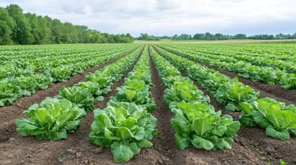 Lush green vegetables grow in rows on organic farm, showcasing nature beauty