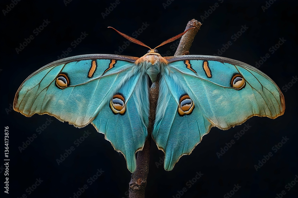 Poster close-up studio shot of a beautiful and colorful luna moth resting on a branch with its magnificent 